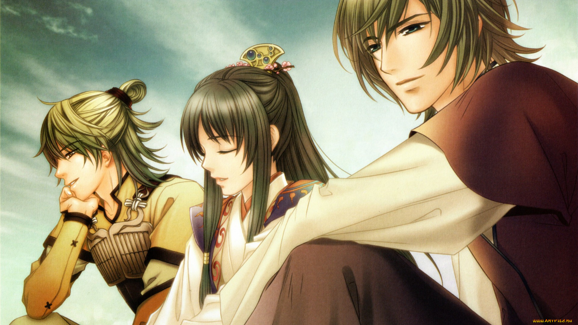 аниме, unknown, , другое, трое, друзья, костюм, прическа, небо