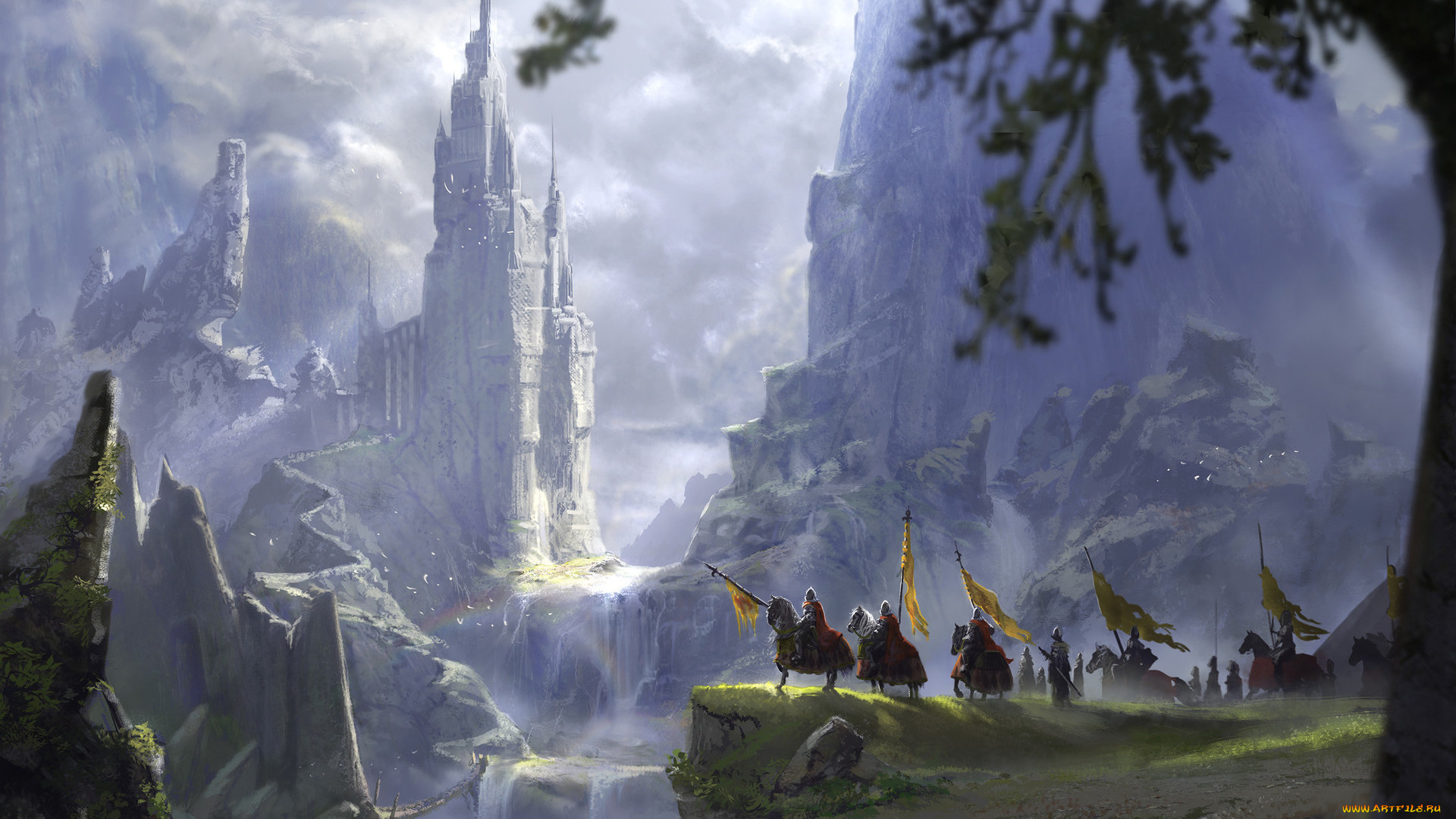 фэнтези, замки, арт, fantasy, флаги, рыцари, деревья, пейзаж, водопад, фэнтази