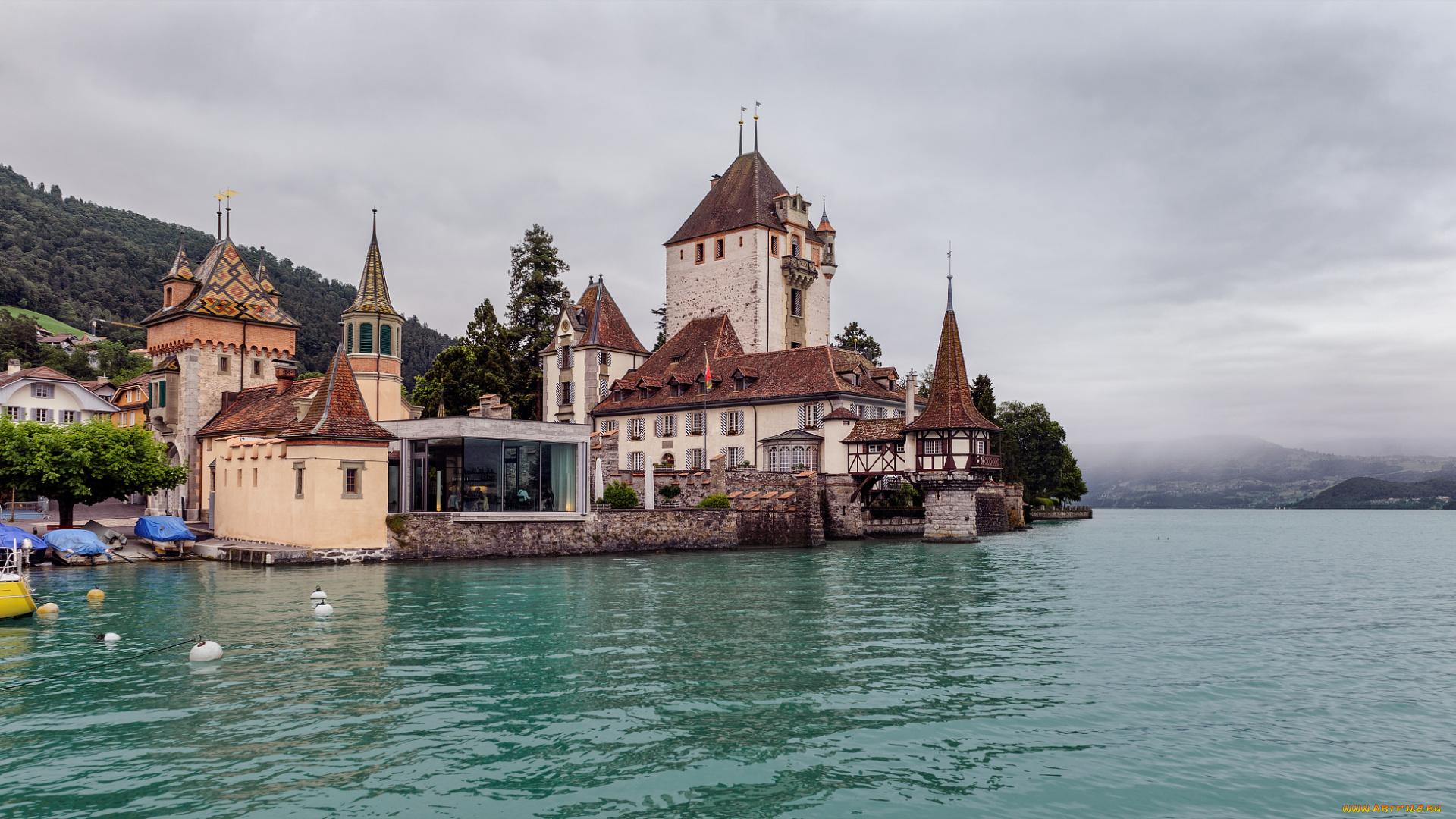 oberhofen, castle, on, lake, thun, , switzerland, города, замки, швейцарии, озеро, лес, горы, замок