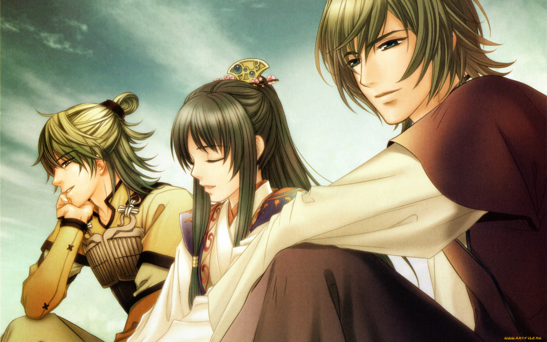 аниме, unknown, , другое, трое, друзья, костюм, прическа, небо