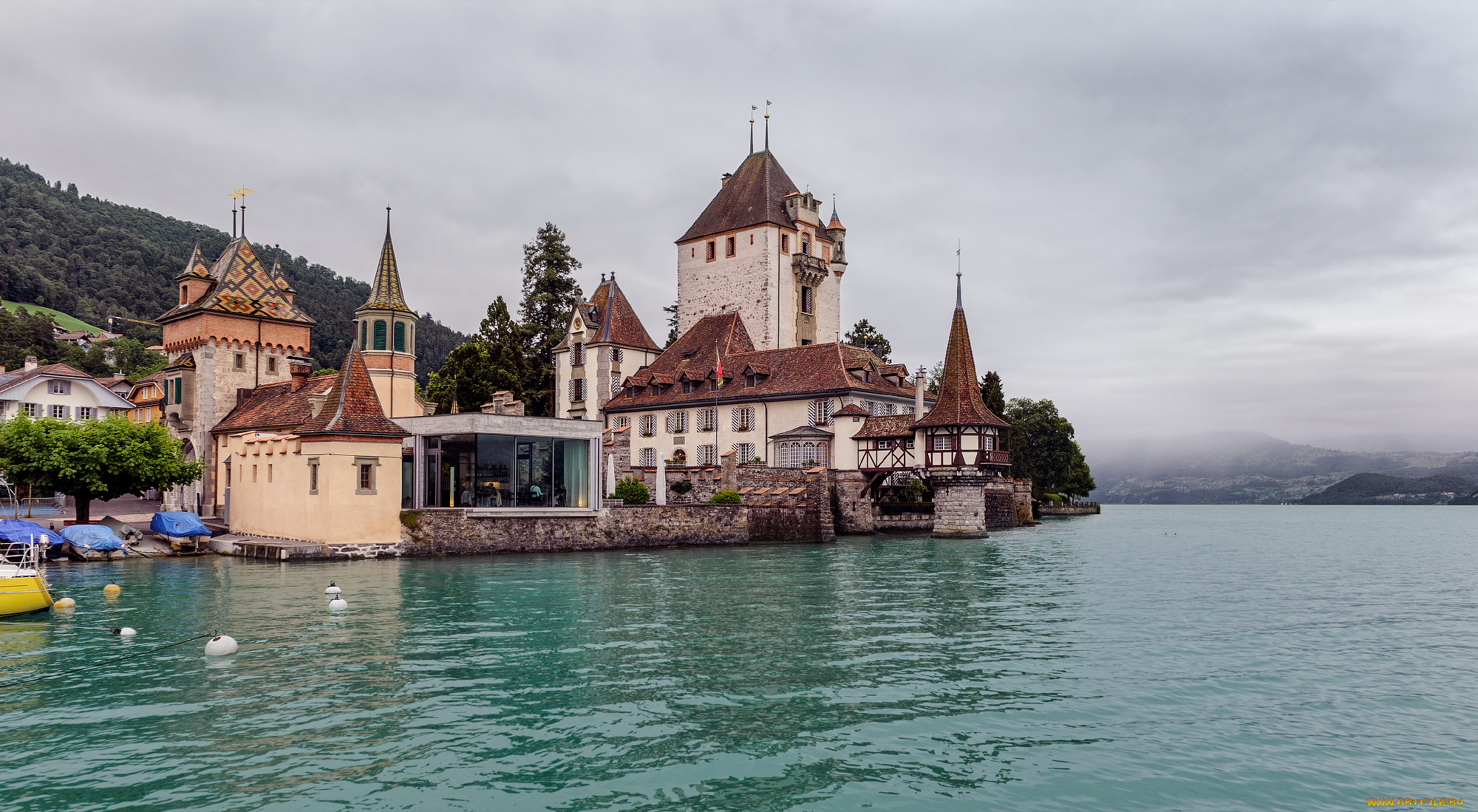 oberhofen, castle, on, lake, thun, , switzerland, города, замки, швейцарии, озеро, лес, горы, замок