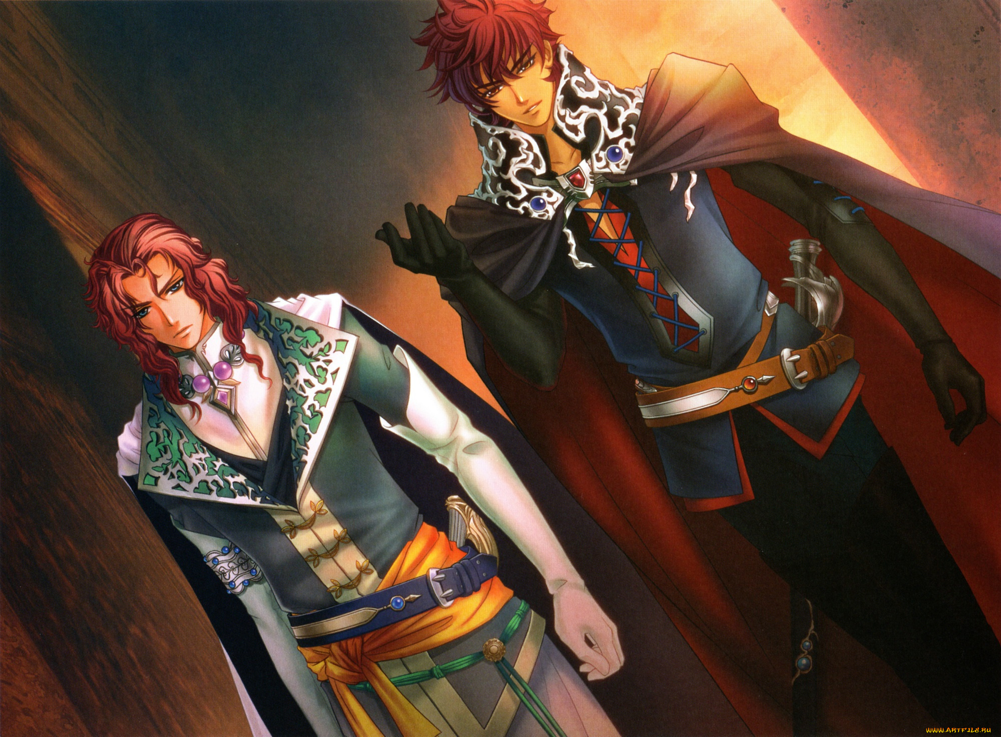 аниме, unknown, , другое, двое, плащ, костюм, перчатки, ремень, воротник, сабля