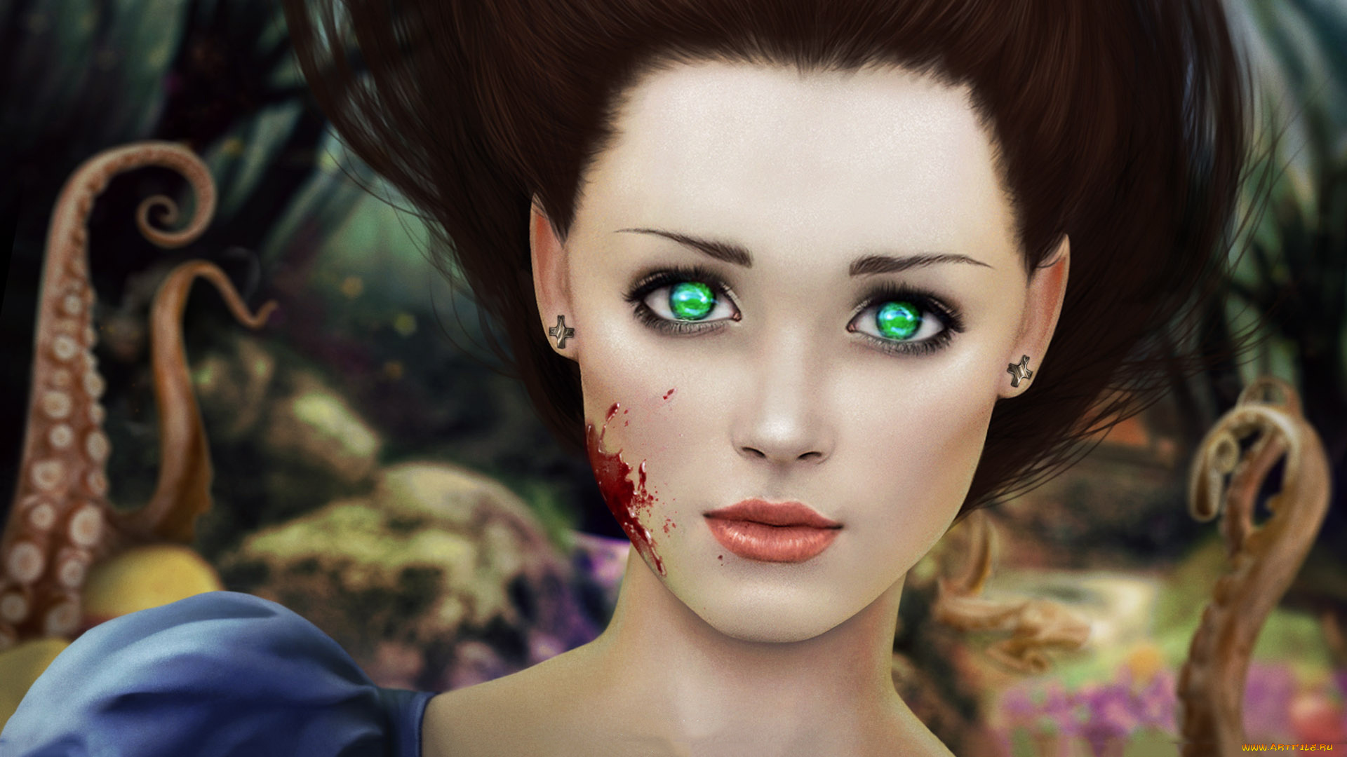 alice, in, wonderlnd, рисованное, комиксы, щупальца, взгляд, девушка, фон