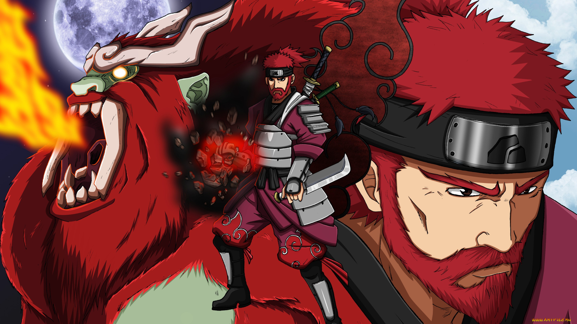 аниме, naruto, red, hair, by, rollando35, roshi, biju, pride, moon, sword, armor, yonbi, horn, hitaiate, japanese, shinobi, shippuden, jinchuuriki, son, goku, anime, ken, redhead, blade, fang, ninja