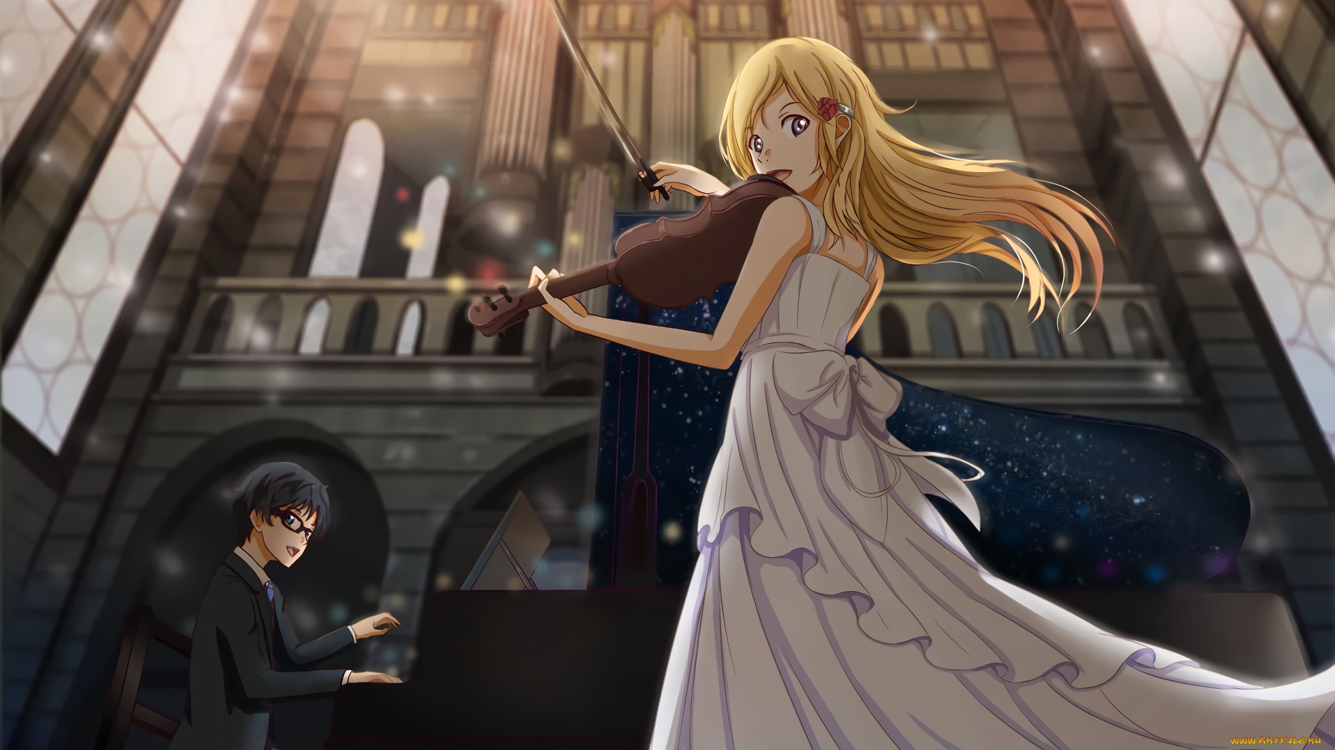 аниме, shigatsu, wa, kimi, no, uso, девушка, взгляд, фон