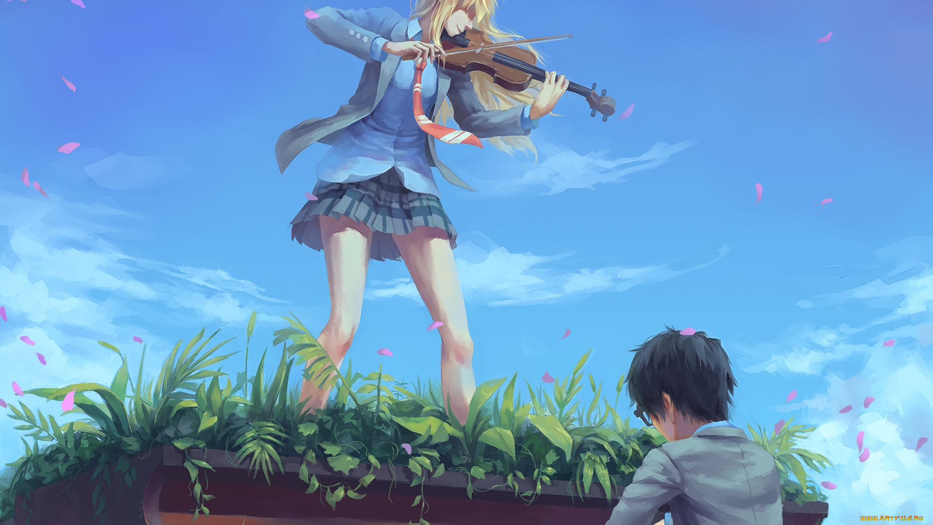 аниме, shigatsu, wa, kimi, no, uso, девушка, взгляд, фон