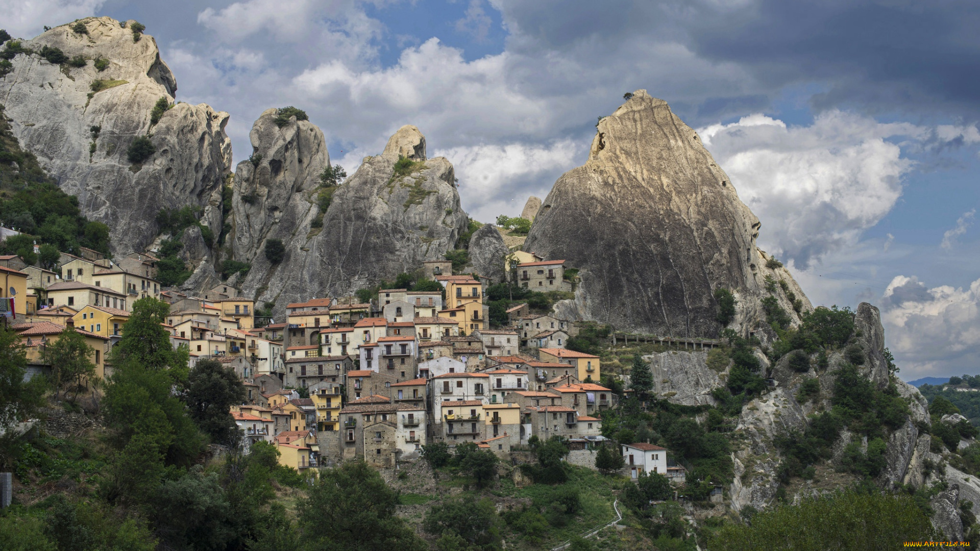 города, -, панорамы, кастельмеццано, кастельмедзано, скалы, горы, италия, дома