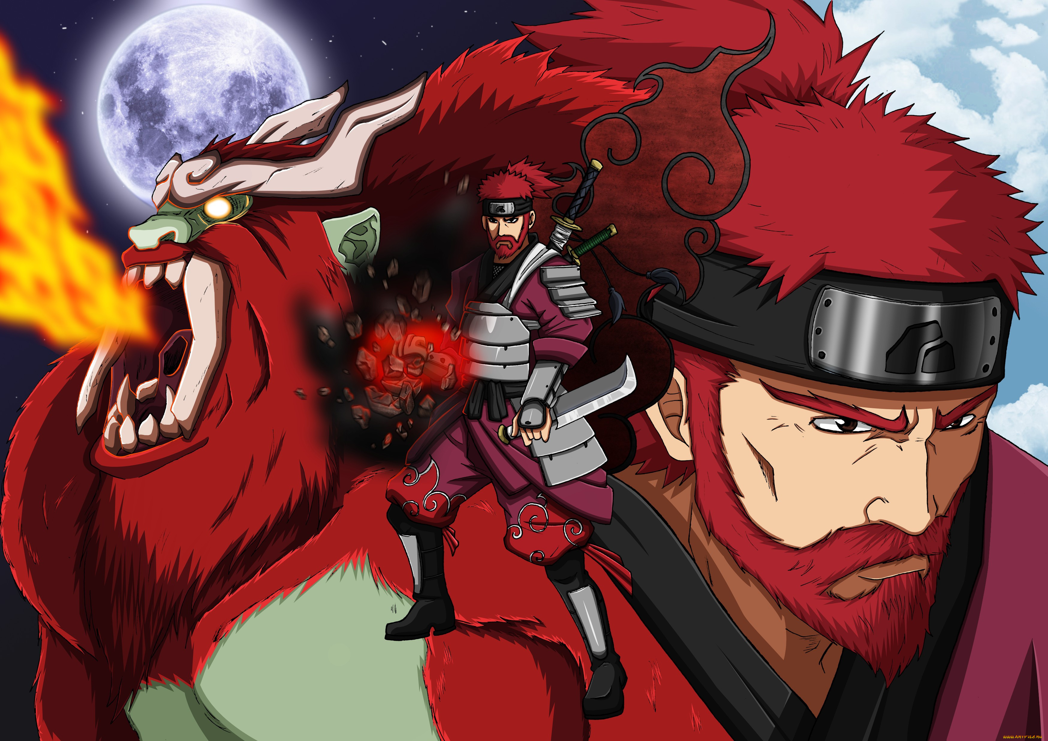 аниме, naruto, red, hair, by, rollando35, roshi, biju, pride, moon, sword, armor, yonbi, horn, hitaiate, japanese, shinobi, shippuden, jinchuuriki, son, goku, anime, ken, redhead, blade, fang, ninja