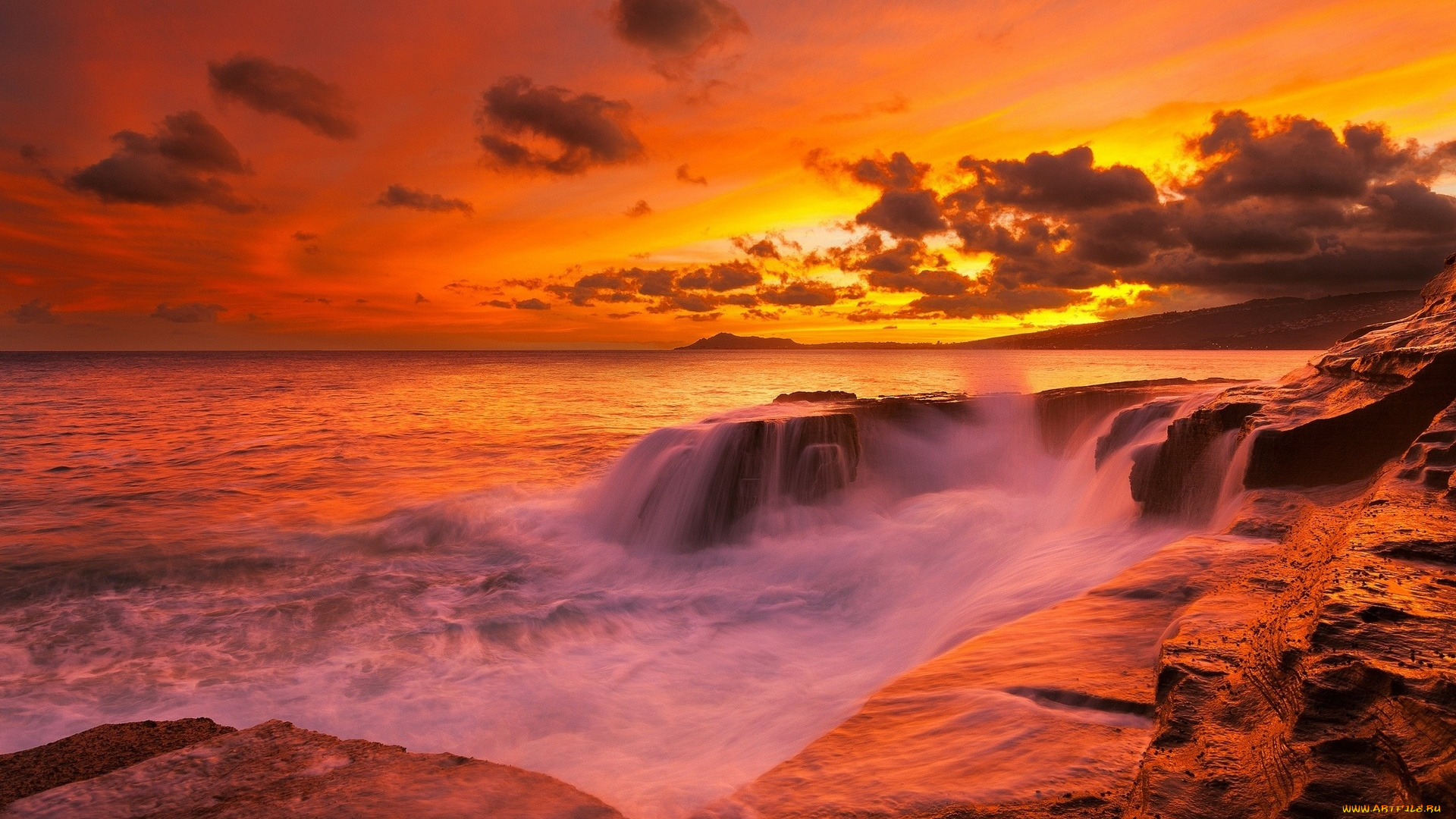 природа, побережье, закат, небо, облака, море, скалы, берег