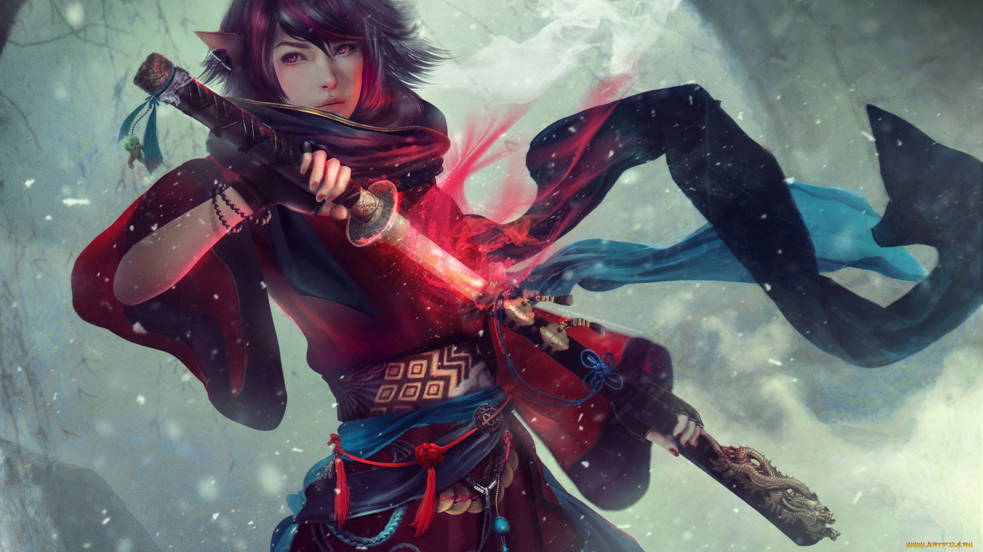 видео, игры, final, fantasy, xiv, девушка, фон, взгляд, меч, униформа