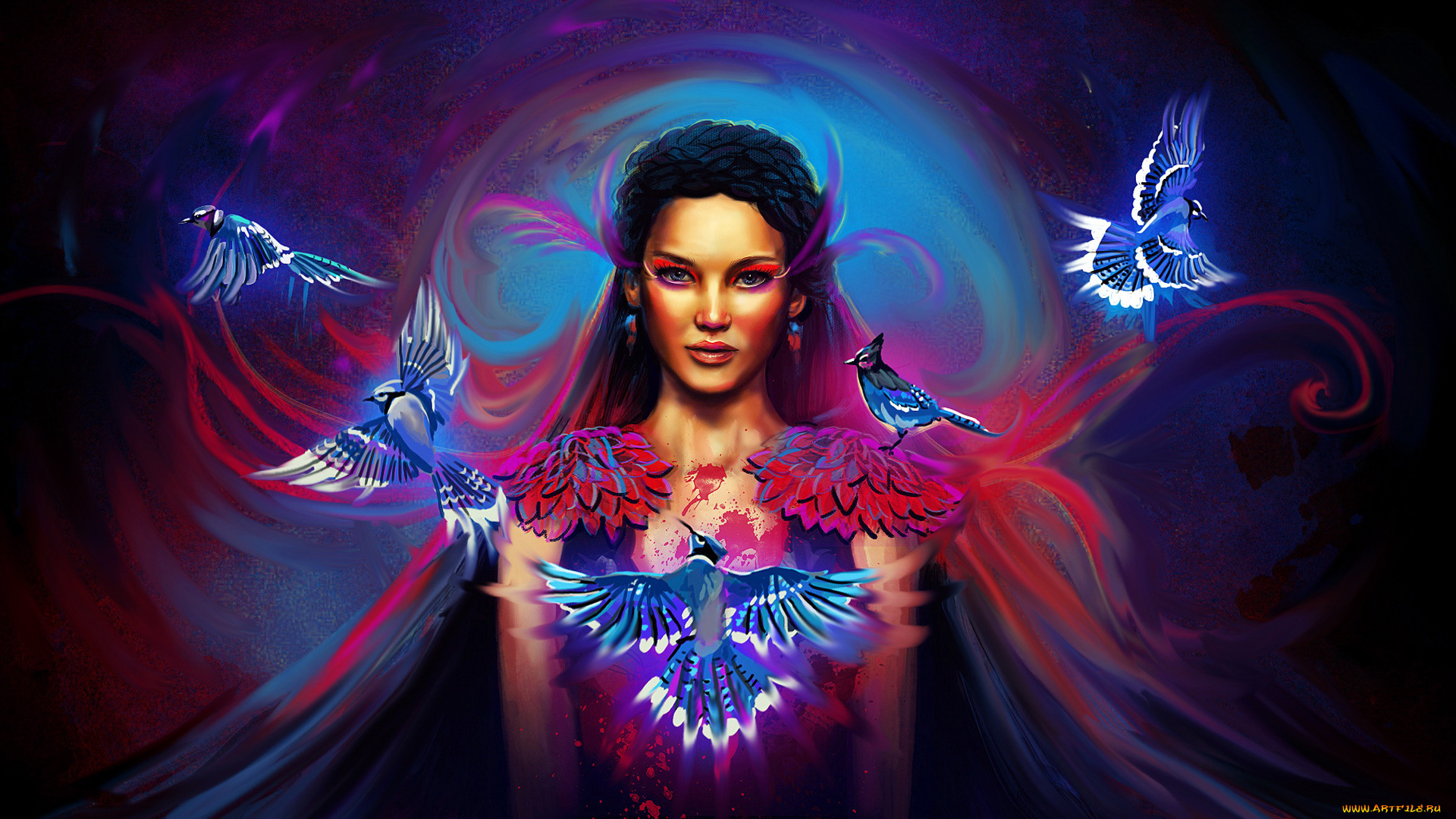 фэнтези, девушки, девушка, фон, взгляд, птицы