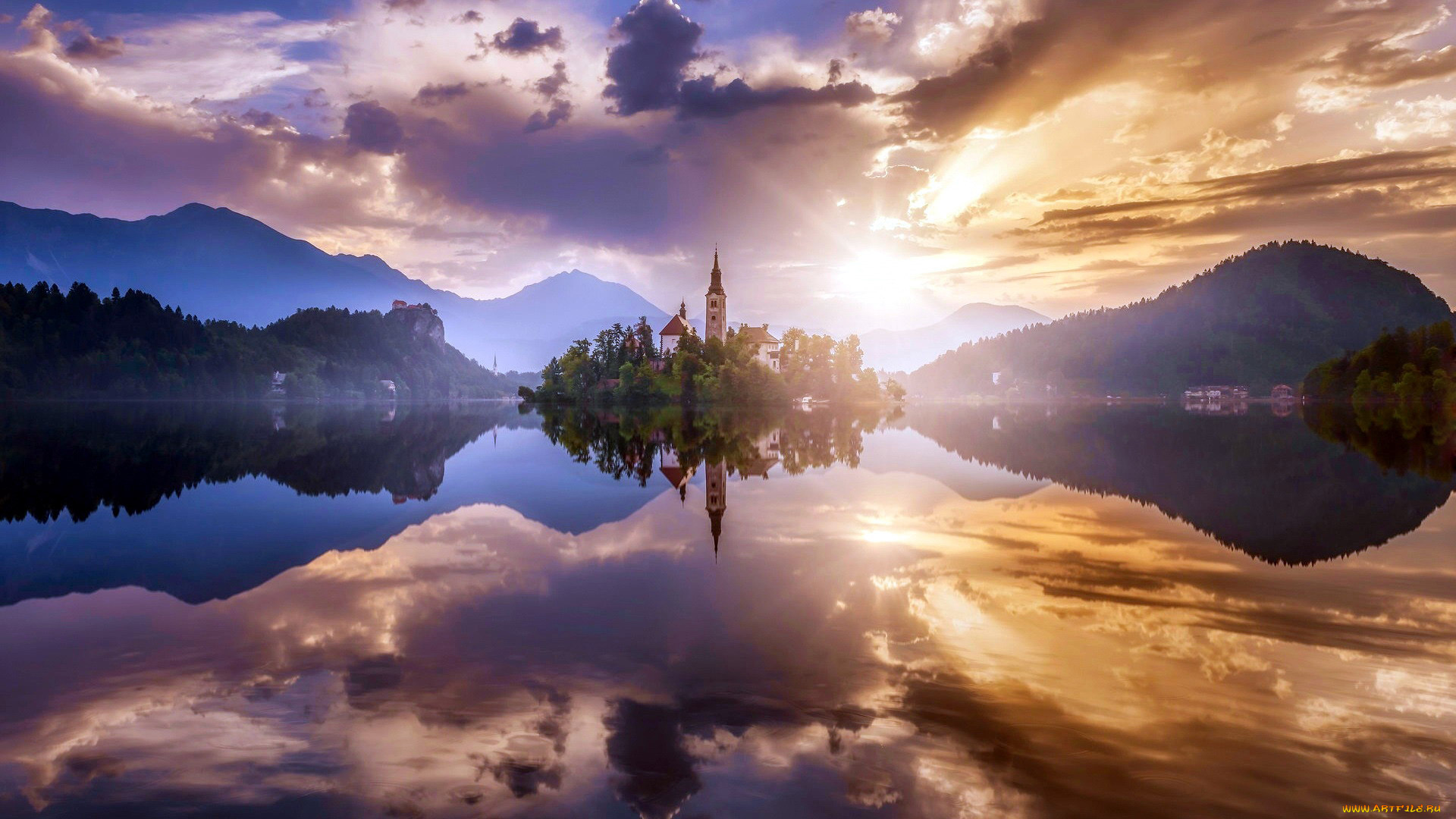 города, блед, , словения, озеро, туман, закат