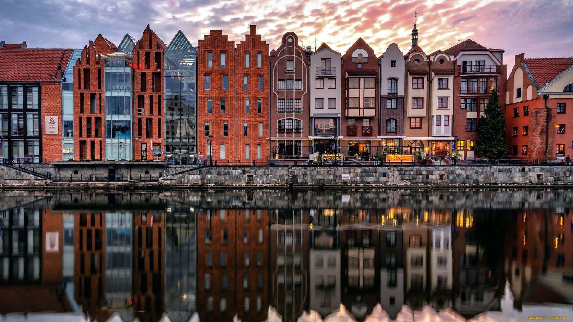 города, гданьск, , польша, река, набережная, дома