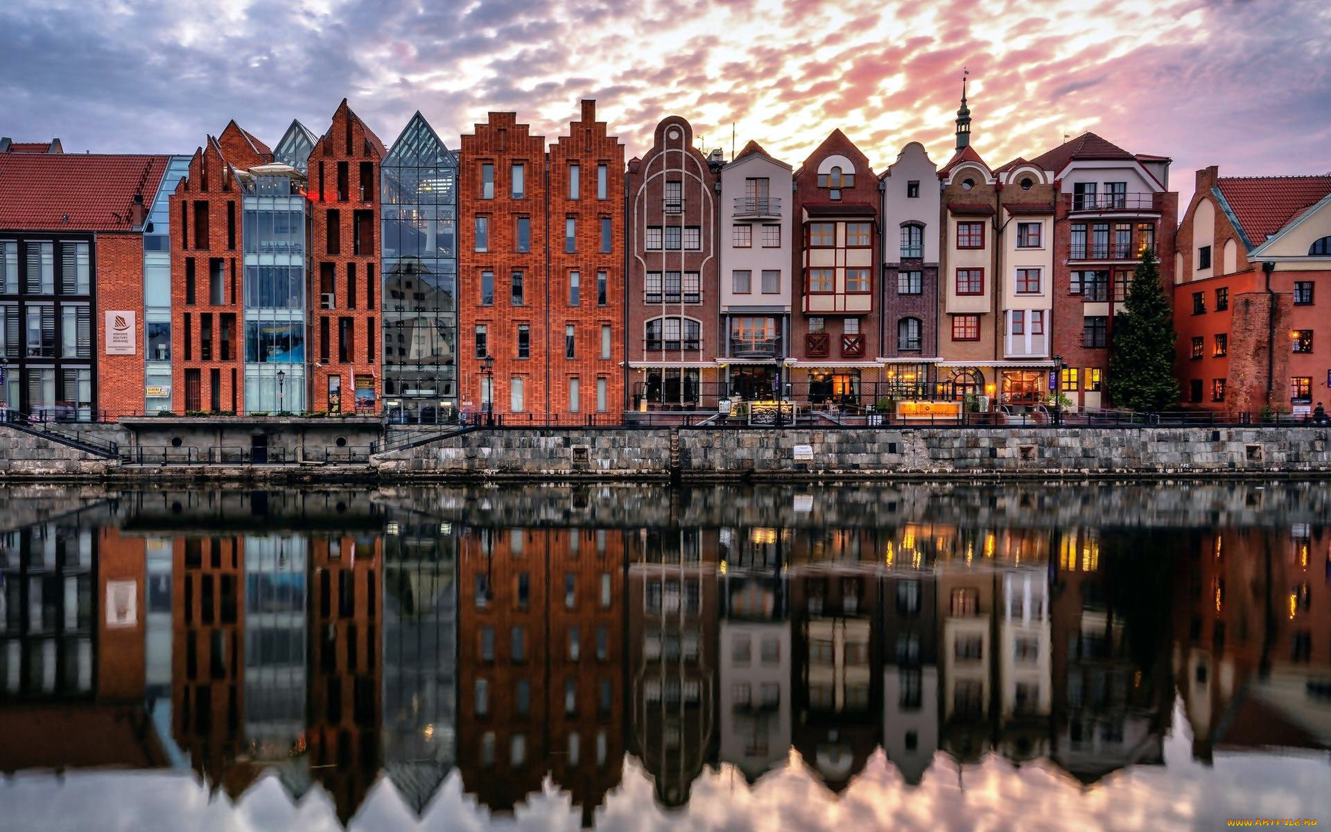 города, гданьск, , польша, река, набережная, дома
