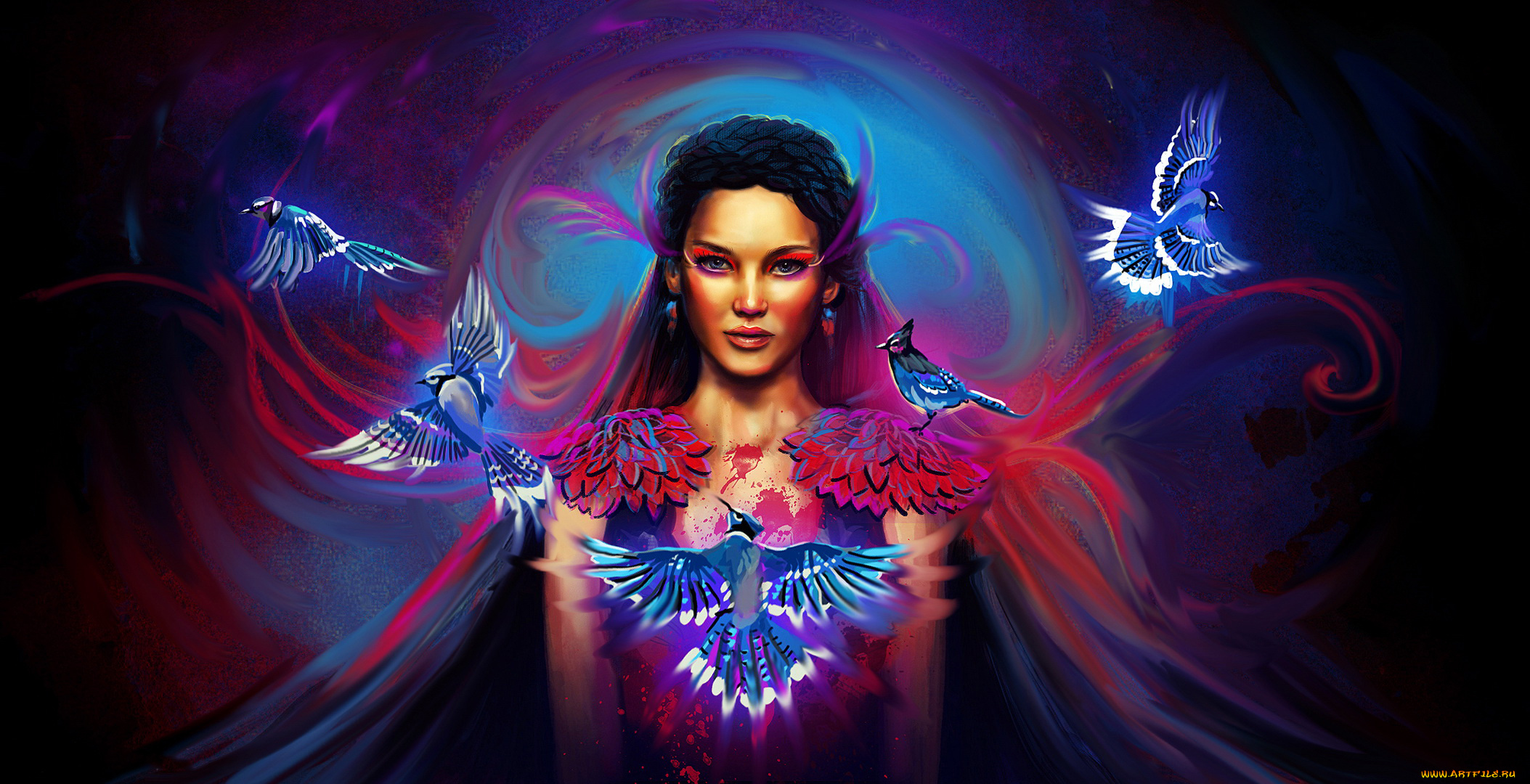 фэнтези, девушки, девушка, фон, взгляд, птицы