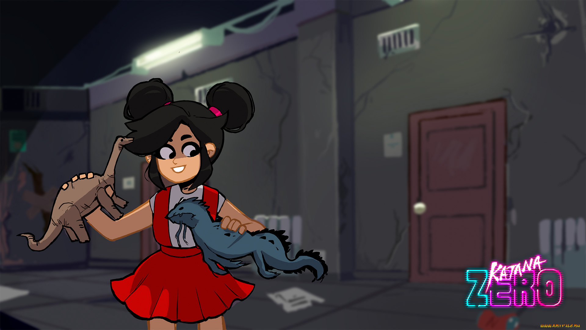 видео, игры, katana, zero, девочка, динозавры, игрушки, дверь