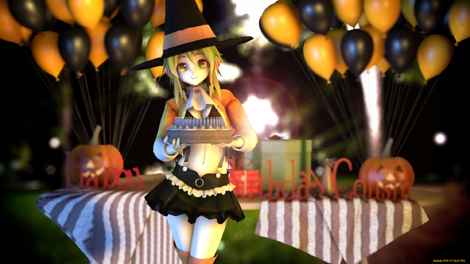 3д, графика, аниме, , anime, девушка, торт, шары