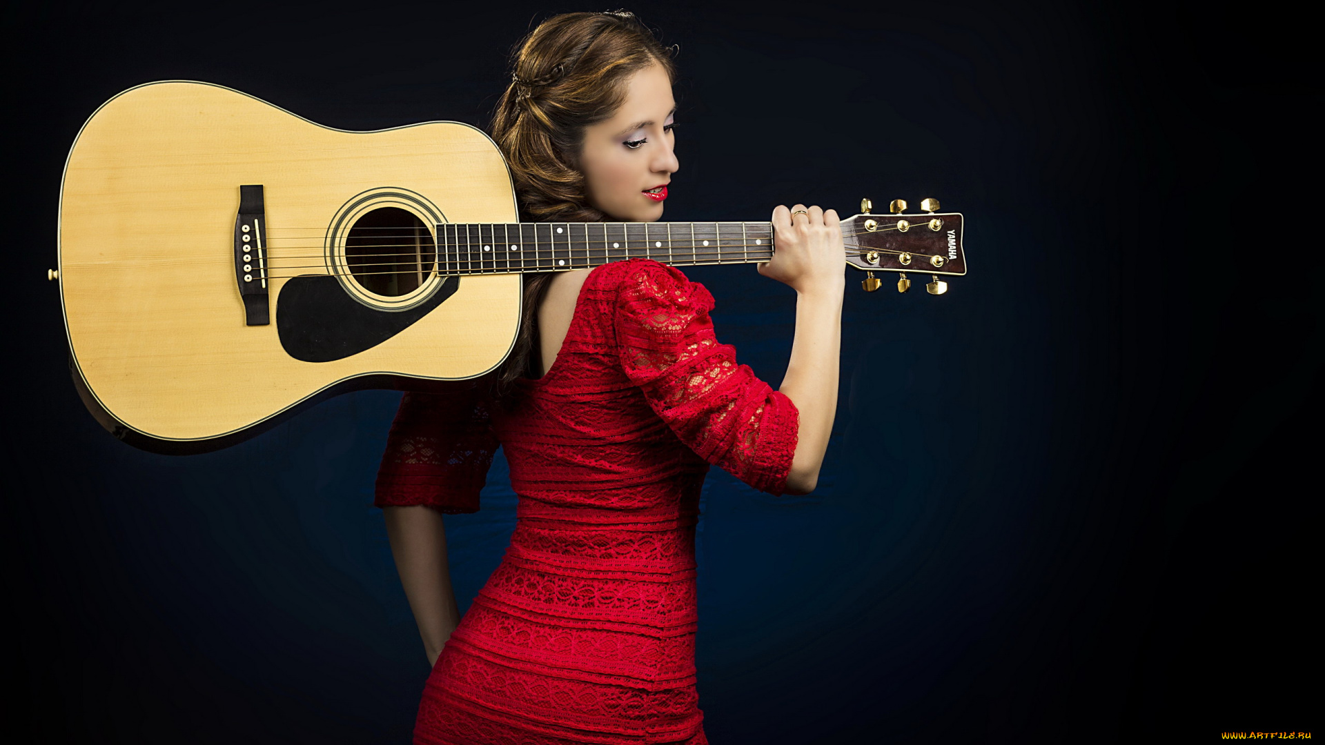 девушки, -, брюнетки, , шатенки, шатенка, гитара, красное, вязаное, платье
