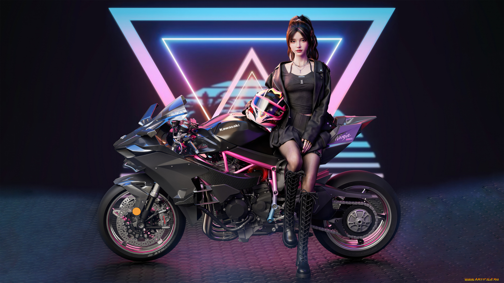 3д, графика, люди-авто, мото, , people-, car, , , moto, поза, мотоцикл, байк, bike, красивая, девушка, motorcycle, beautiful, girl, pose, ножки, legs, kawasaki, ninja, dark, stockings, темные, чулки, кавасаки, ниндзя