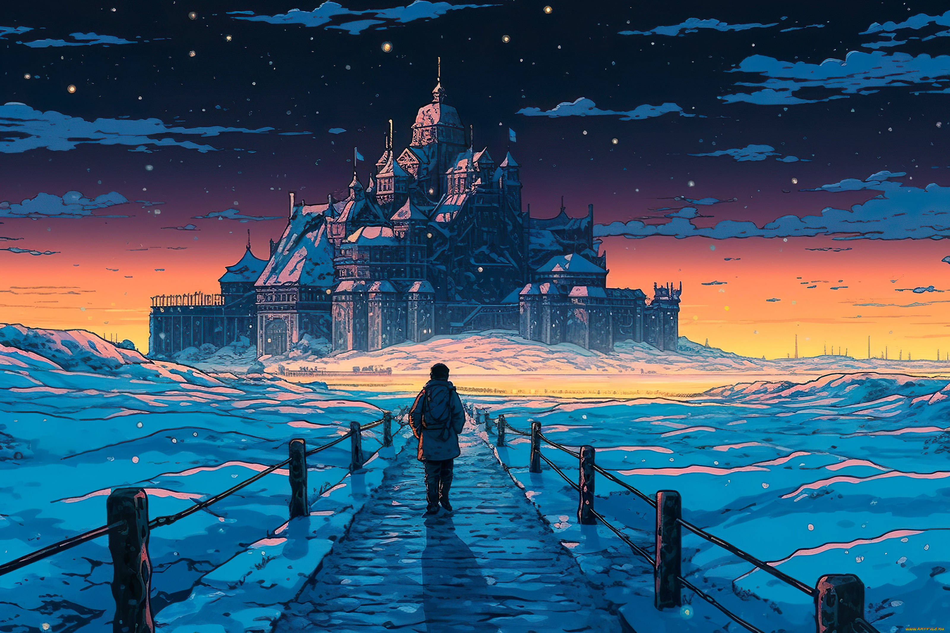 фэнтези, замки, зима, снег