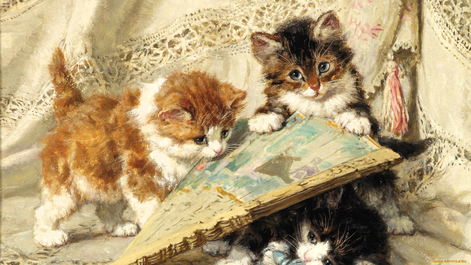 рисованное, henriette, ronner-knip, котята, веер