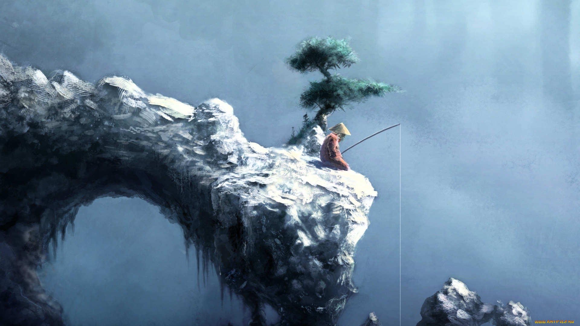 рисованное, люди, рыбак, скала, дерево, туман