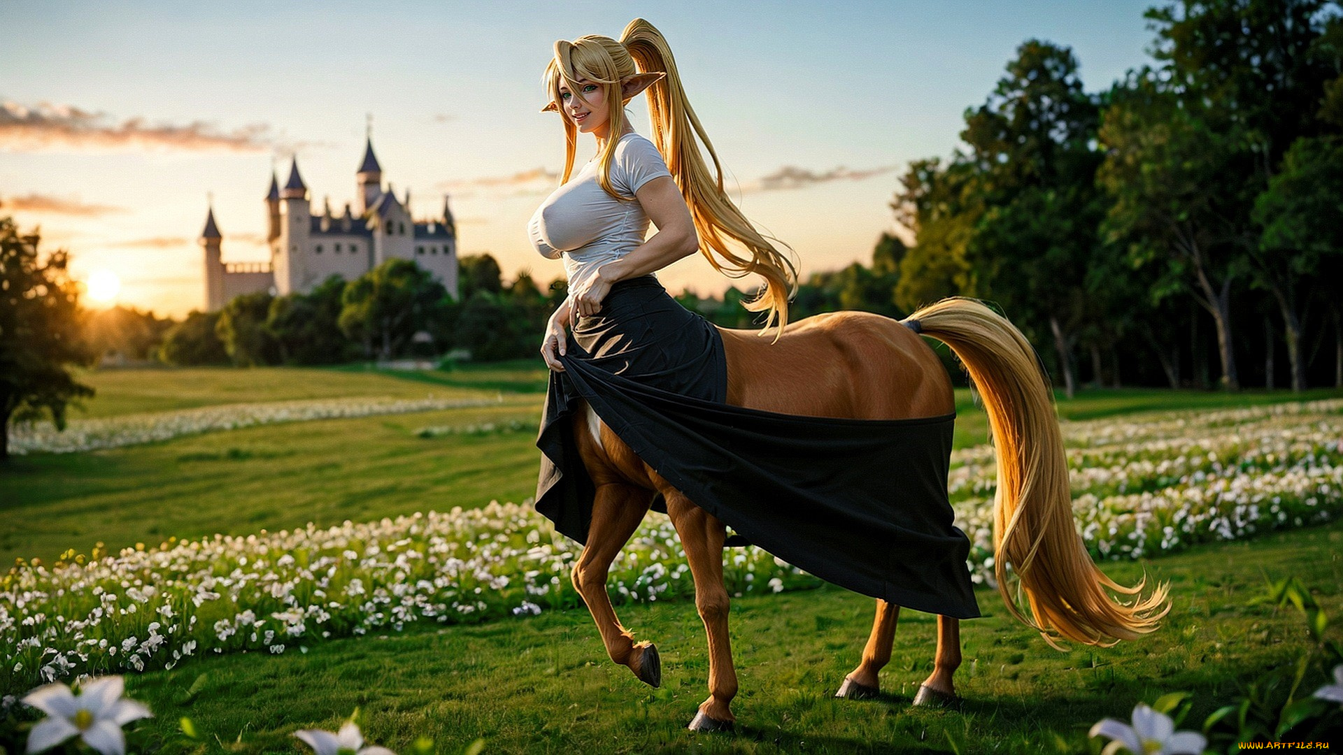 3д, графика, фантазия, , fantasy, кентавресса, наряд, луга, цветы, замок