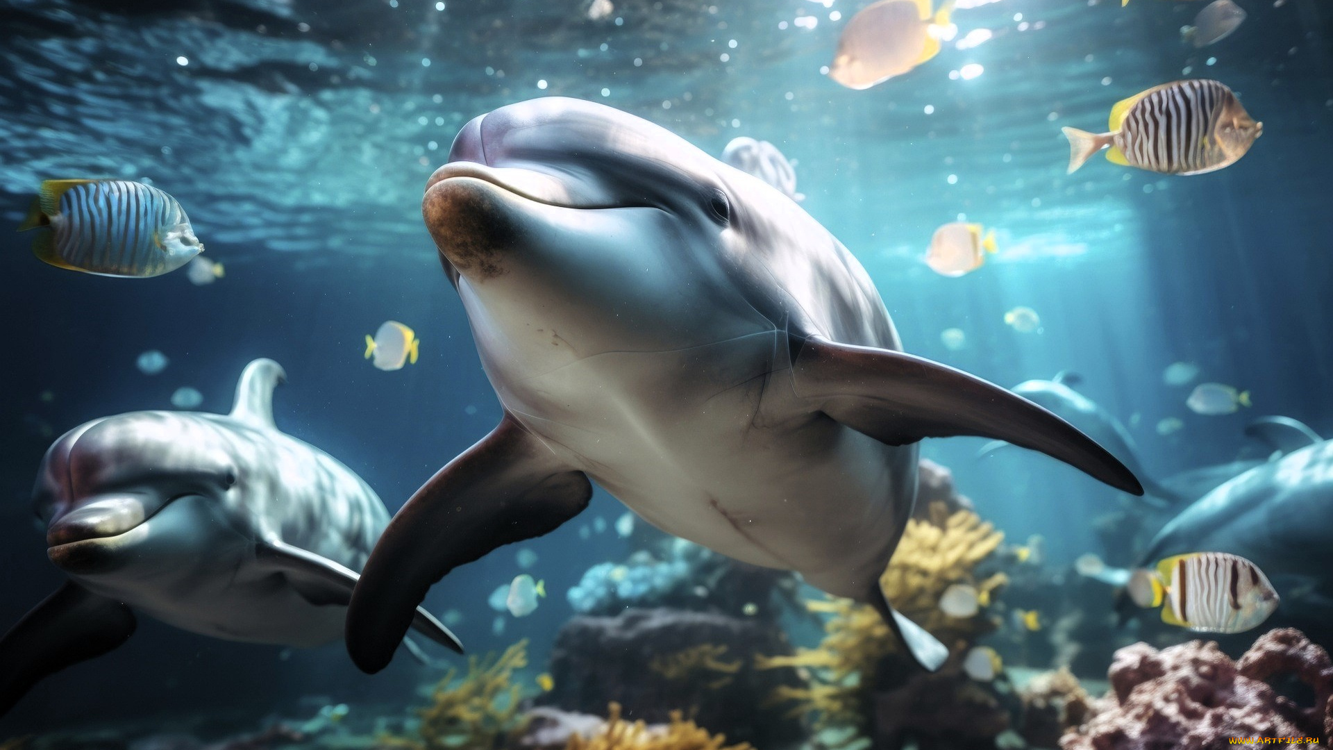 3д, графика, животные, , animals, море, дельфины, рыбы, кораллы