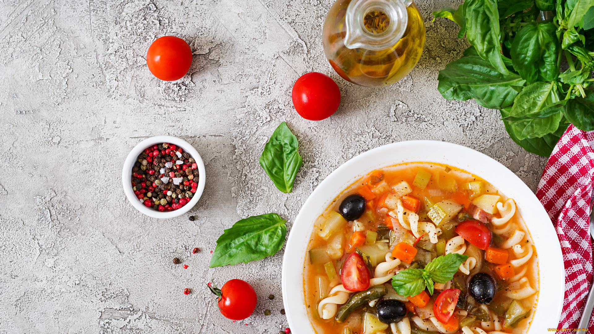 еда, первые, блюда, базилик, помидоры, масло, перец, суп, макароны