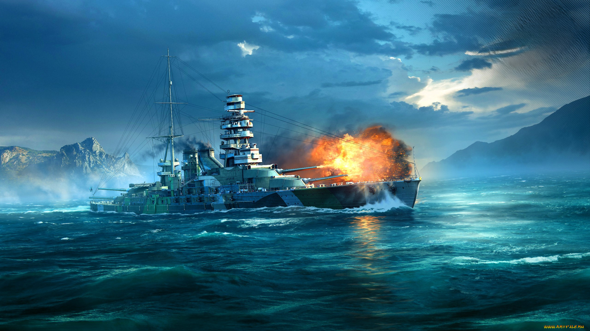 видео, игры, world, of, warships, корабли, бой, огонь, дым, море, горы