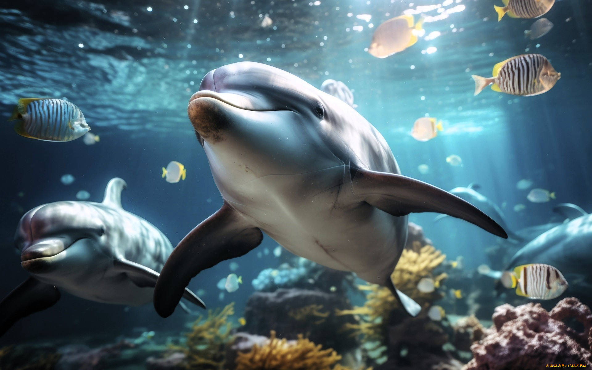 3д, графика, животные, , animals, море, дельфины, рыбы, кораллы