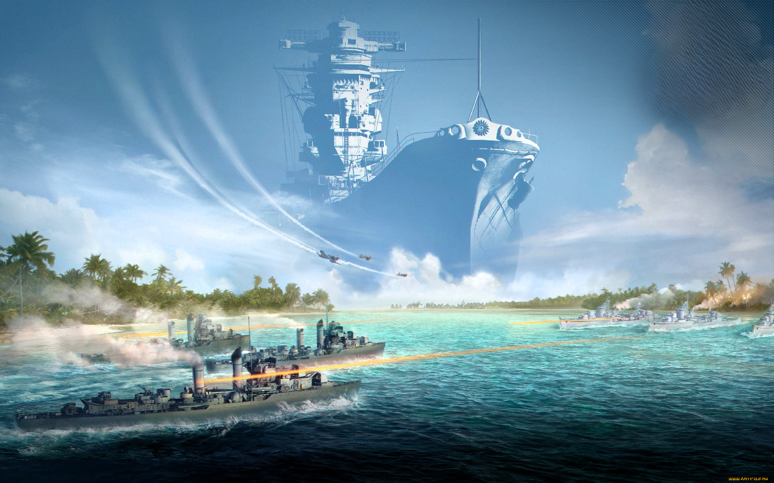 видео, игры, world, of, warships, корабль, призрак, катера, море, скорость, огонь, пальмы