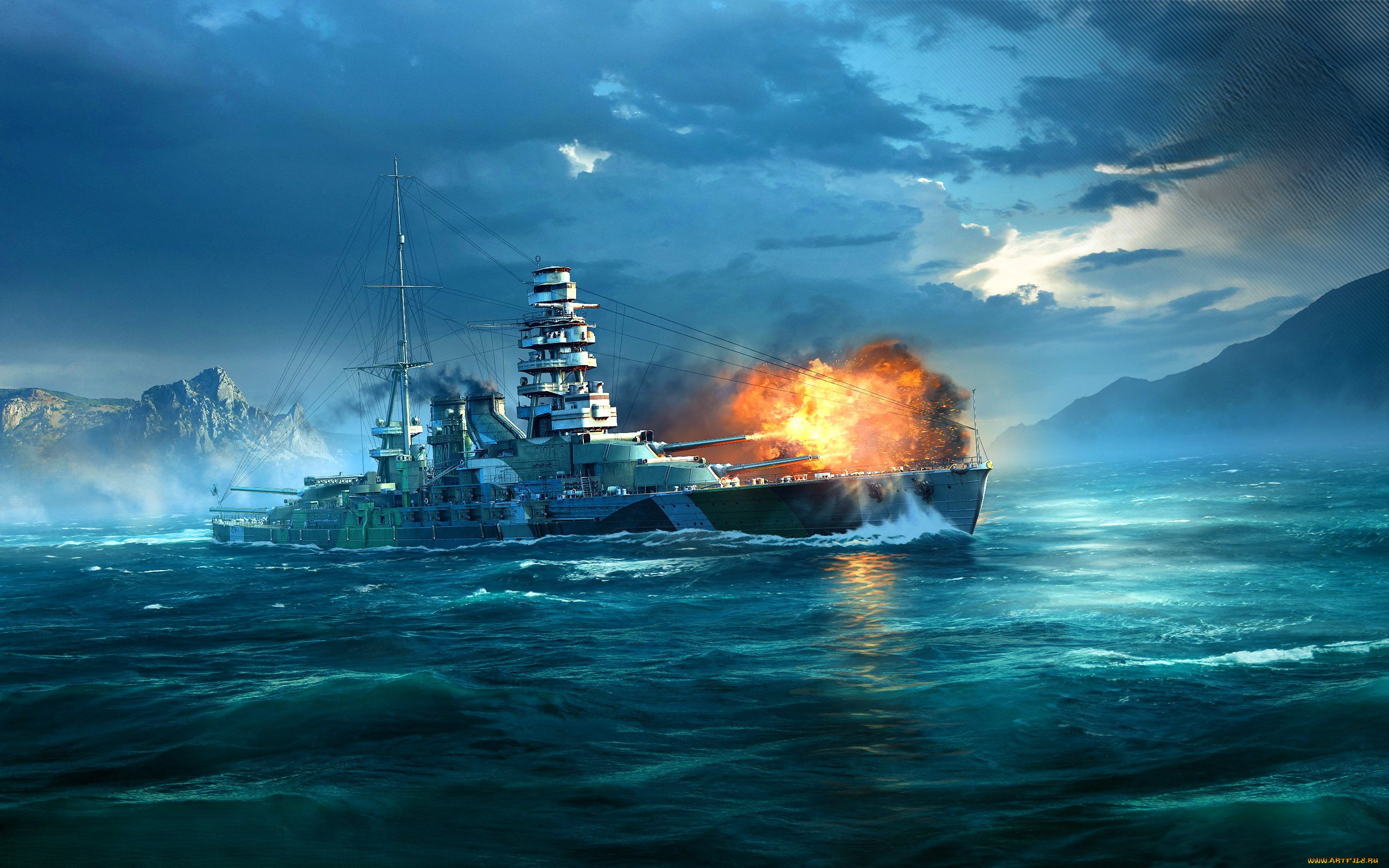 видео, игры, world, of, warships, корабли, бой, огонь, дым, море, горы
