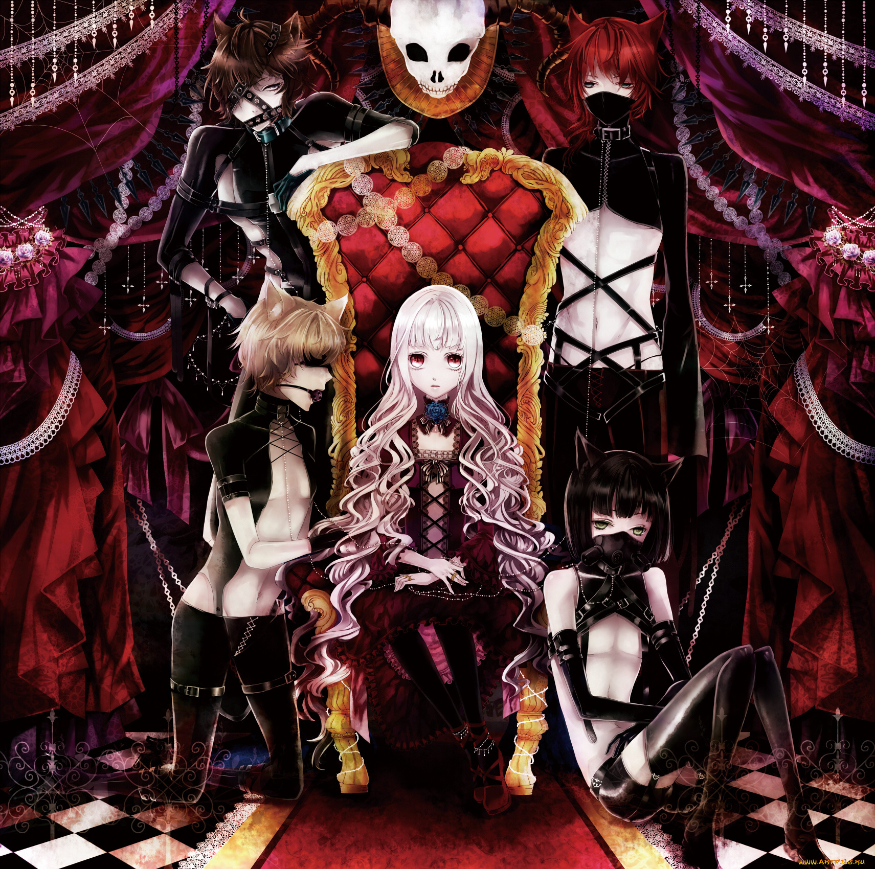 аниме, angels, demons, девушка, демоны, кресло, фетиш, цепи, костюмы, кошки