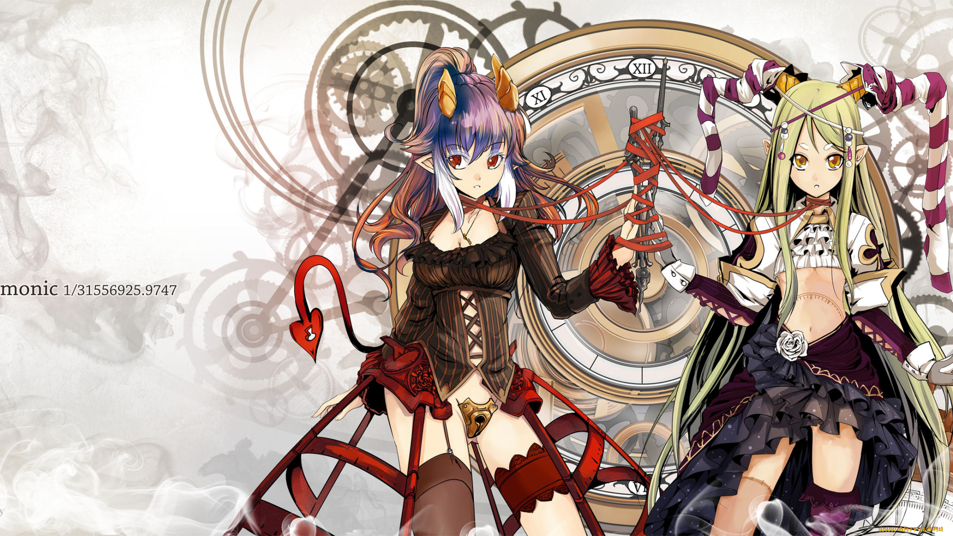 аниме, angels, demons, девушки, демоны, платье, рога, часы