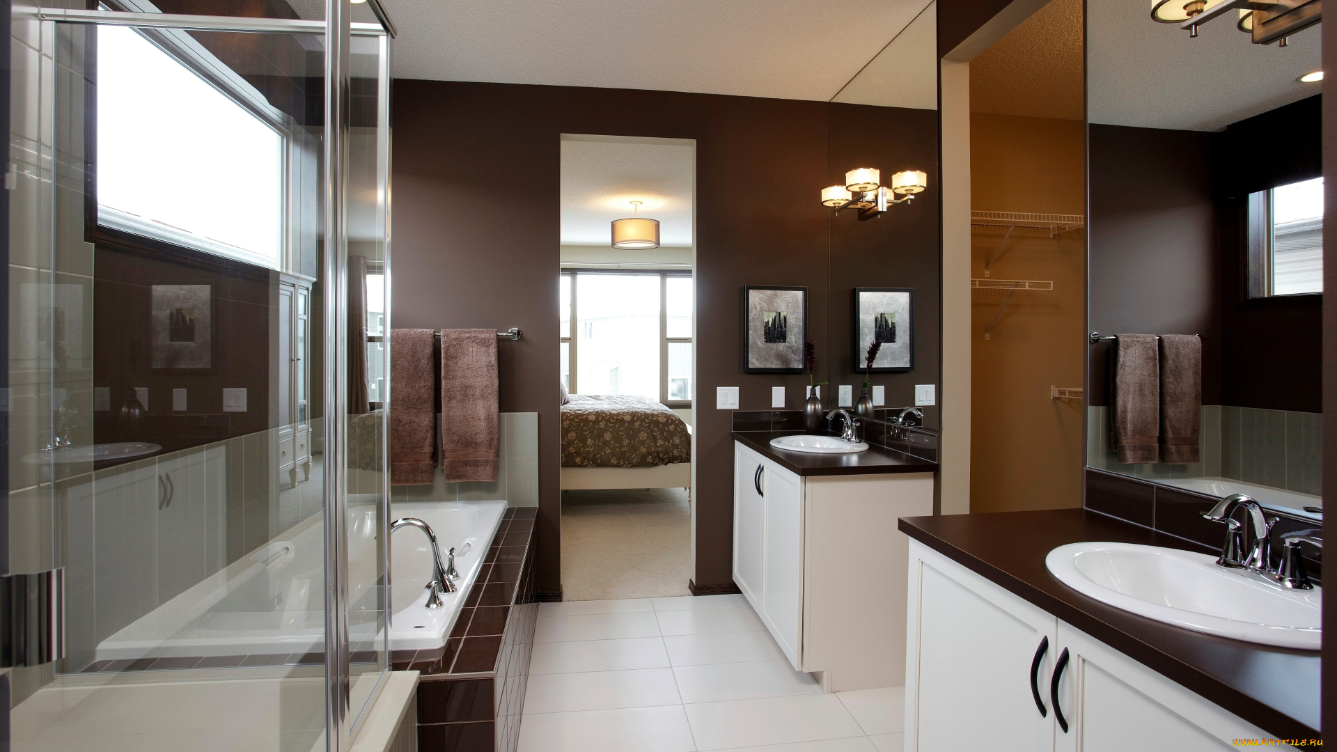 интерьер, ванная, туалетная, комнаты, раковина, зеркала, ванна