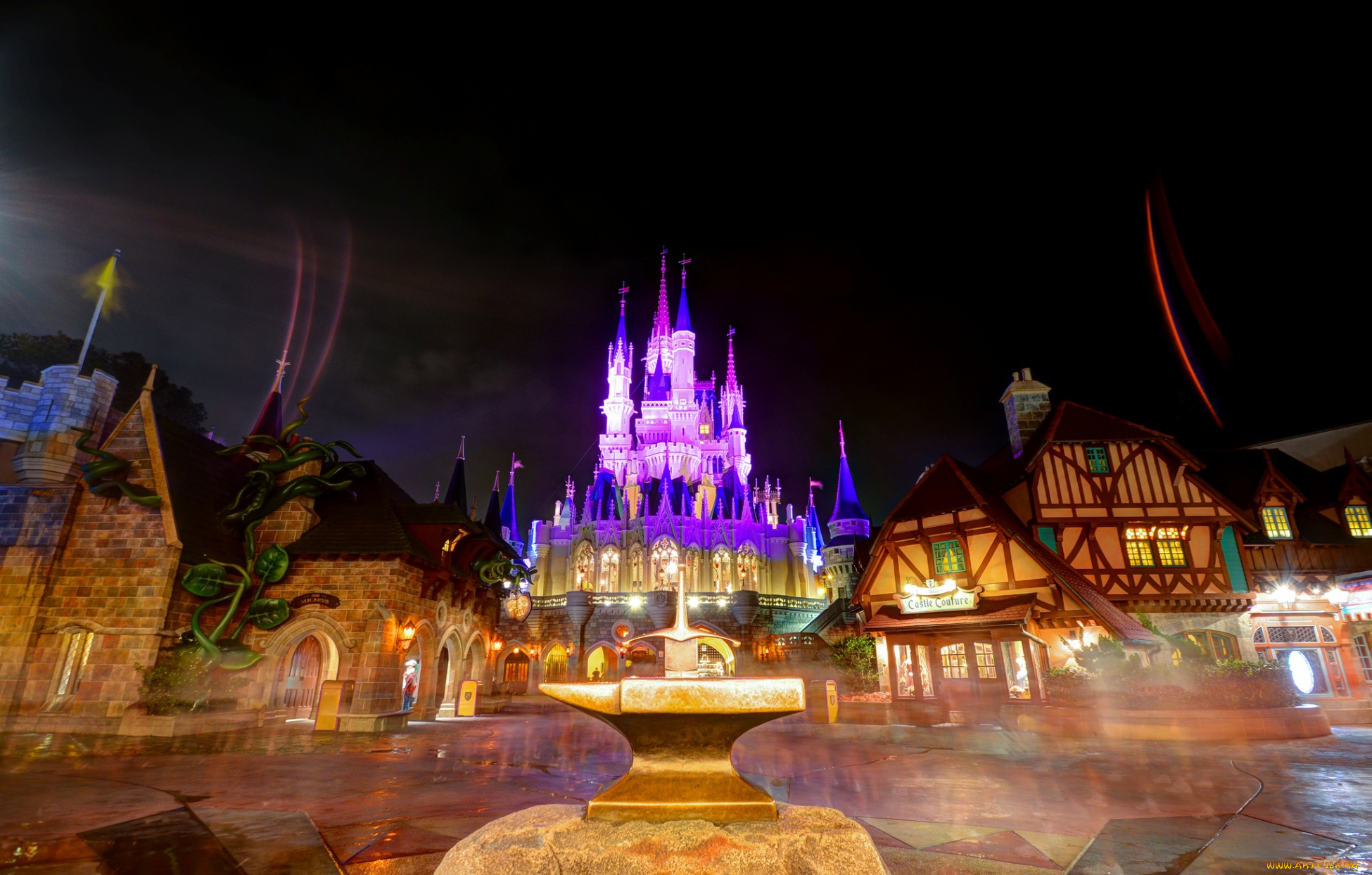 города, диснейленд, замок, золушки, иллюминация