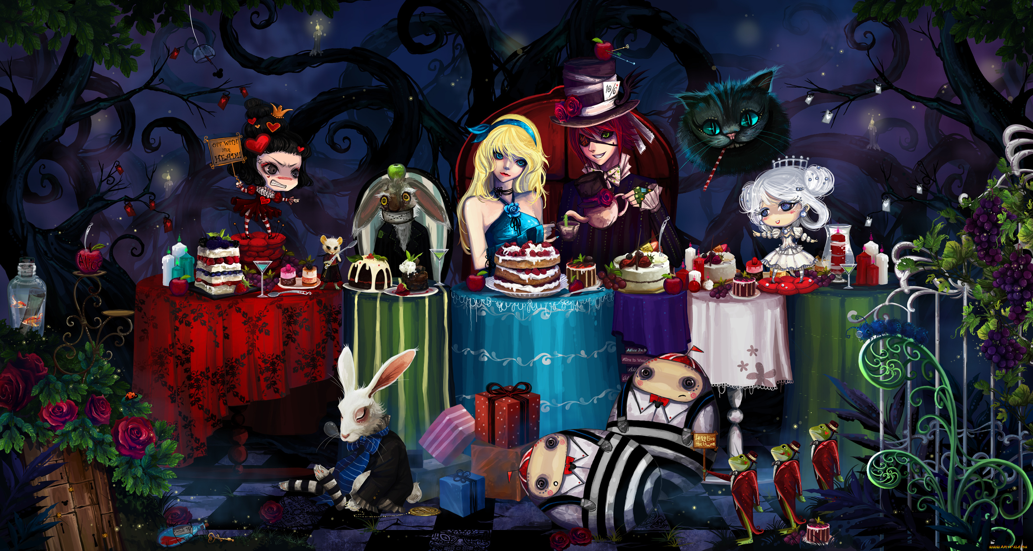 аниме, alice, in, wonderland, white, rabbit, cheshire, cat, mad, hatter