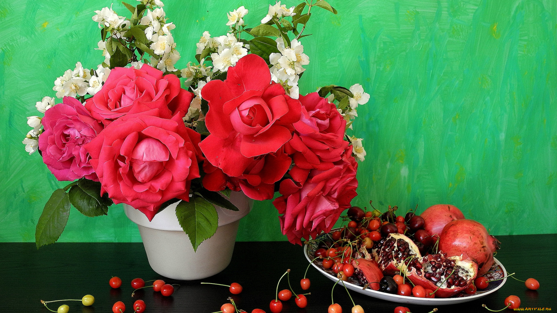 еда, фрукты, ягоды, черешня, гранат, жасмин, розы
