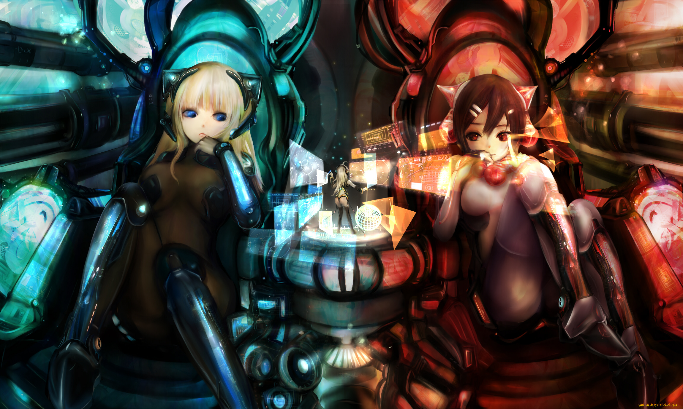 by, zhang, xiao, bo, аниме, weapon, blood, technology, девушки, ушки, наушники, кабина, кресло, андройд, костюм