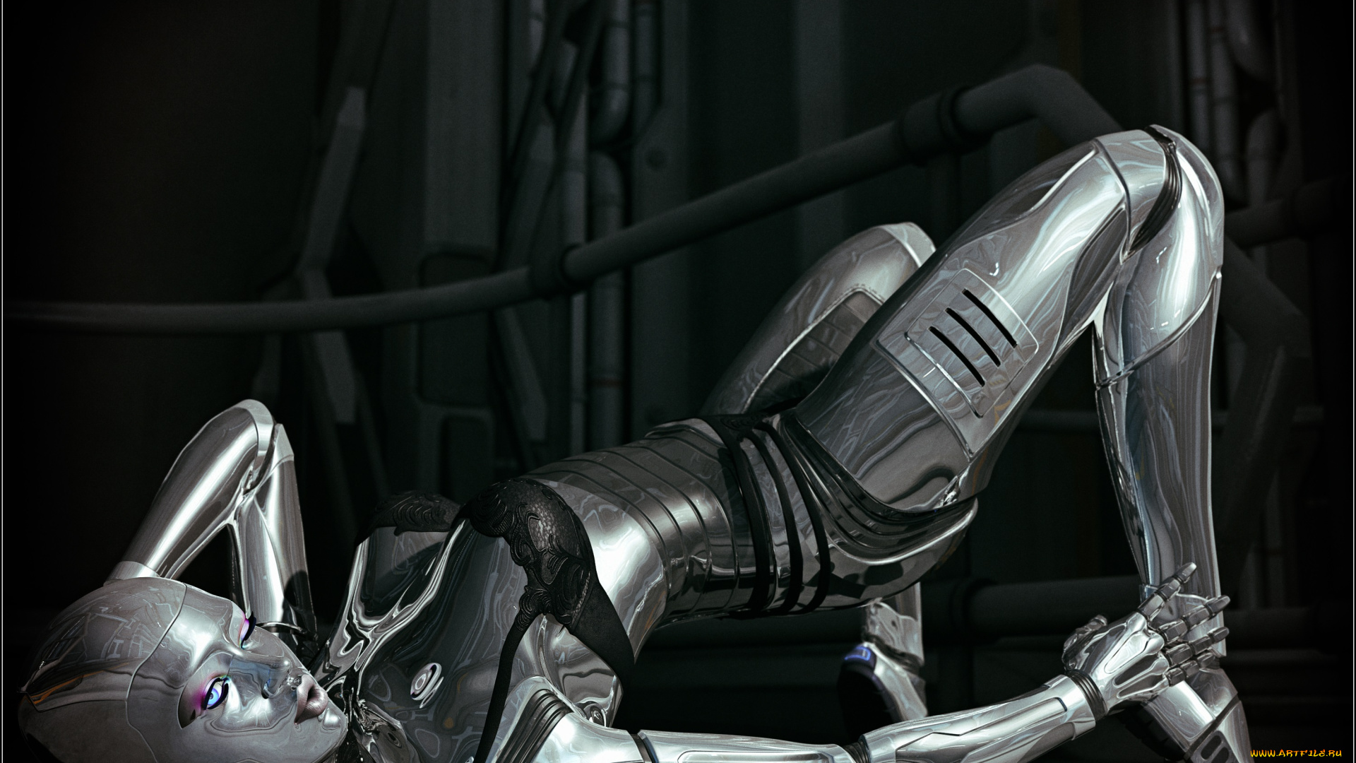 3д, графика, _science, fiction, девушка, робот, металл, поза