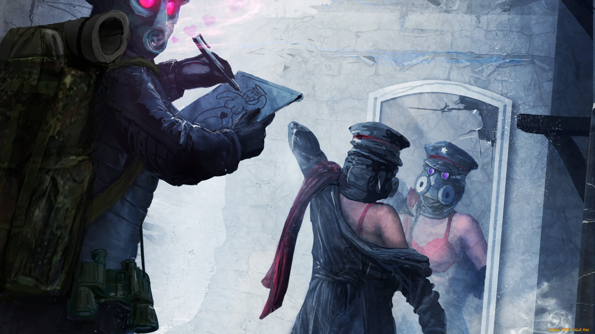 фэнтези, люди, арт, зеркало, сердечко, чашка, альбом, бельё, красный, шарф, противогазы, романтика, апокалипсиса