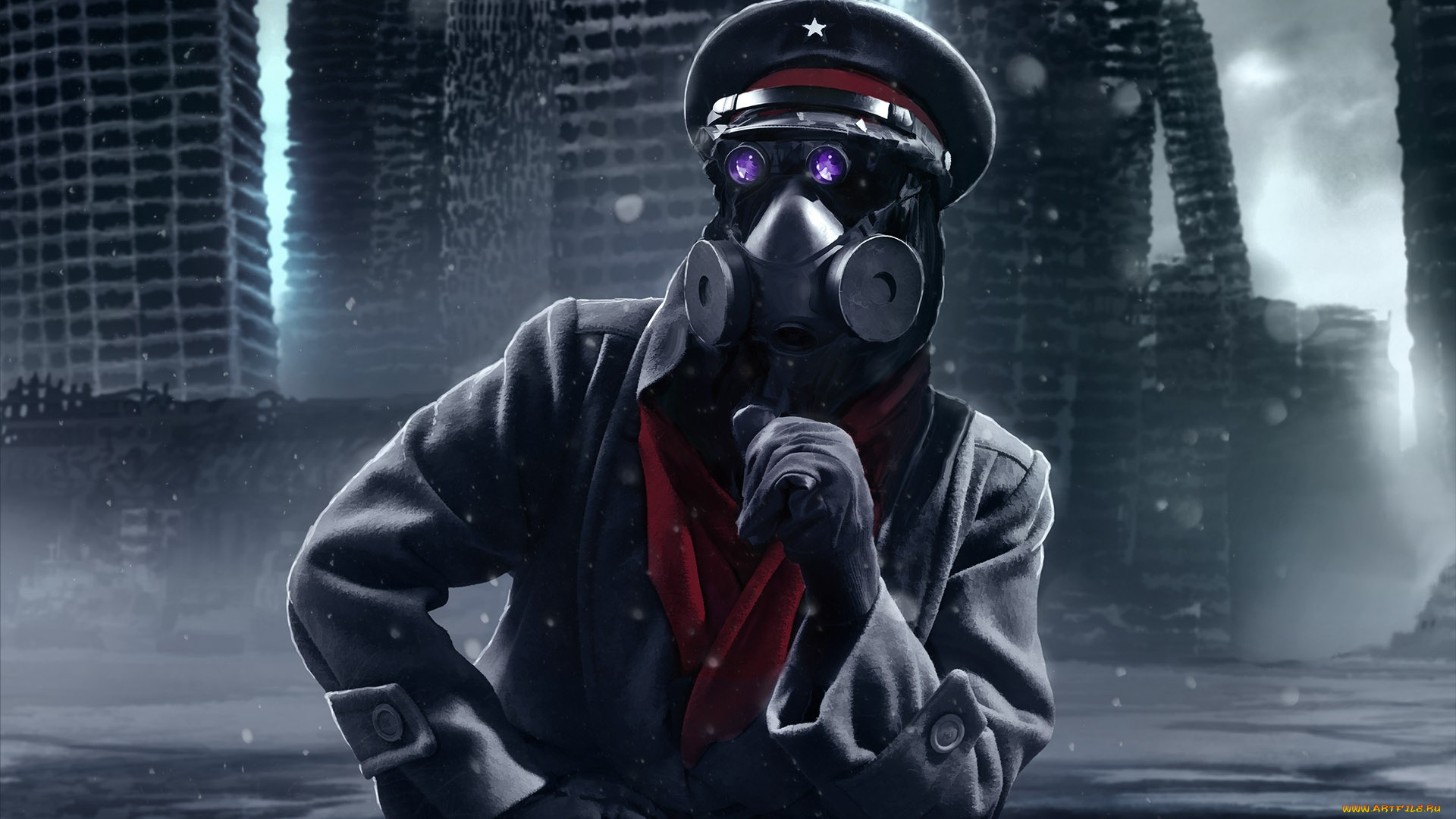фэнтези, люди, перчатки, кепка, пальто, арт, капитан, человек, каркасы, здания, руины, противогаз