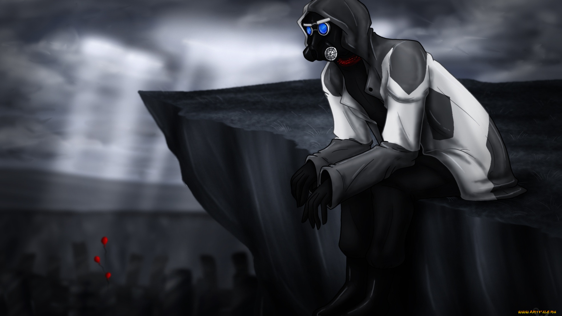 фэнтези, люди, романтика, апокалипсиса, арт, куртка, красные, шарики, пропасть, тучи, лучи, небо, парень, скала, противогаз