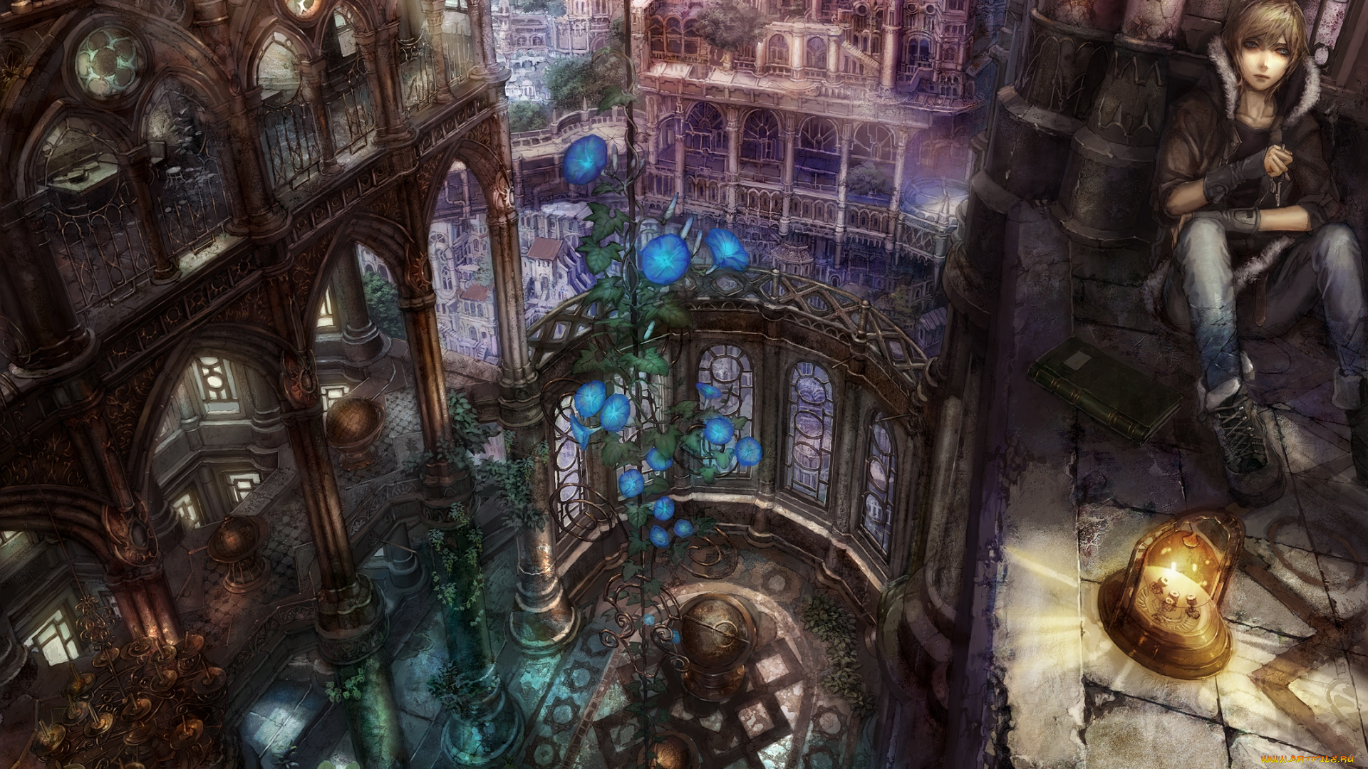 фэнтези, люди, здание, мир, парень, книга, иной