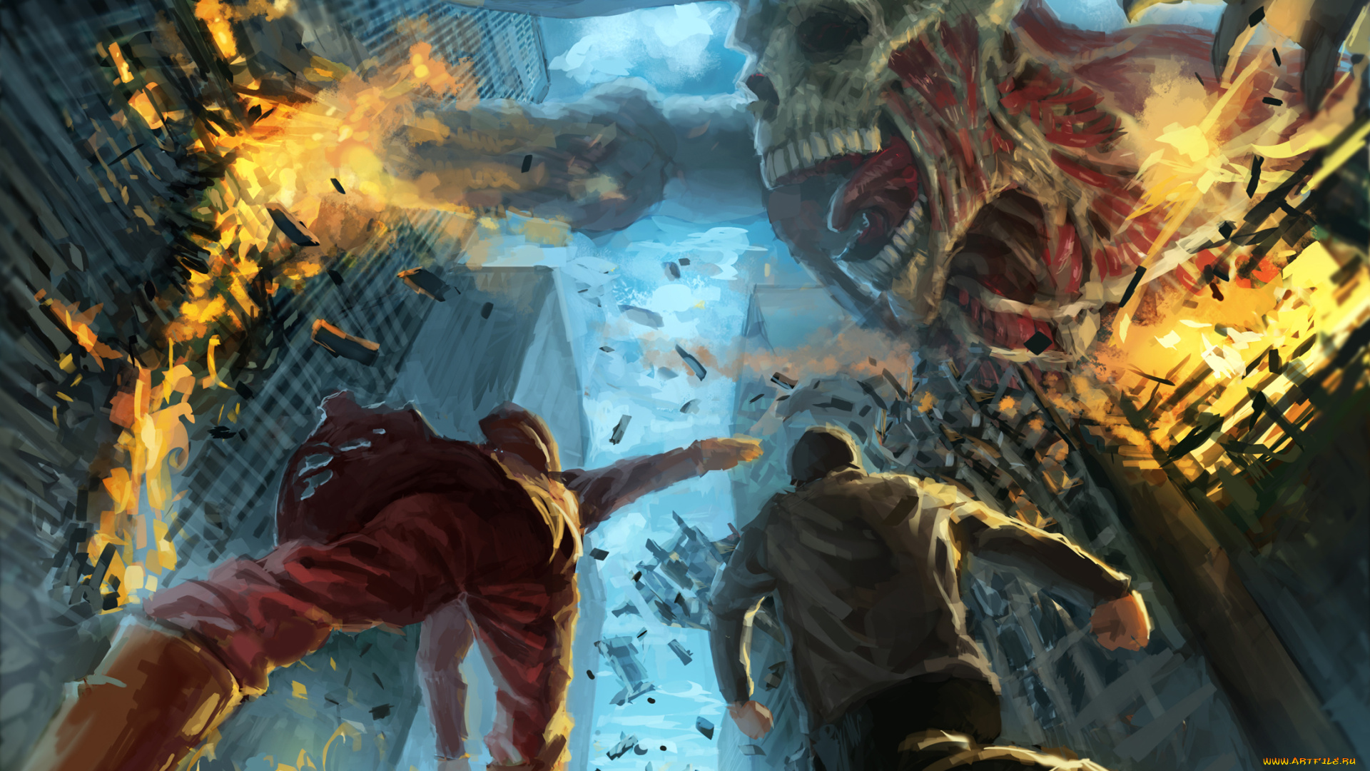 фэнтези, нежить, город, разрушения, гигант, монстр, люди, паника