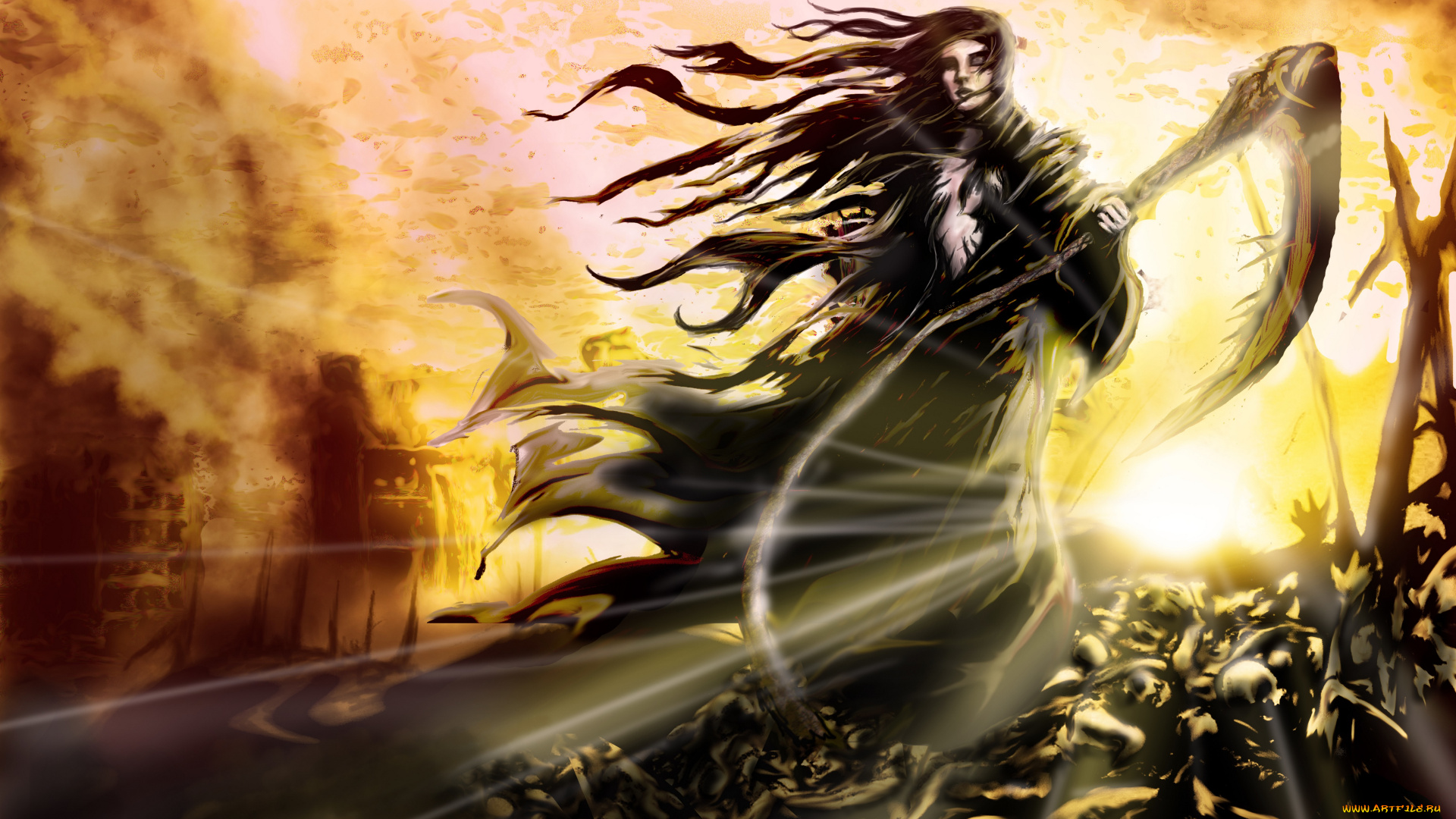 фэнтези, нежить, коса, смерть, взрыв, вспышка, разрушения
