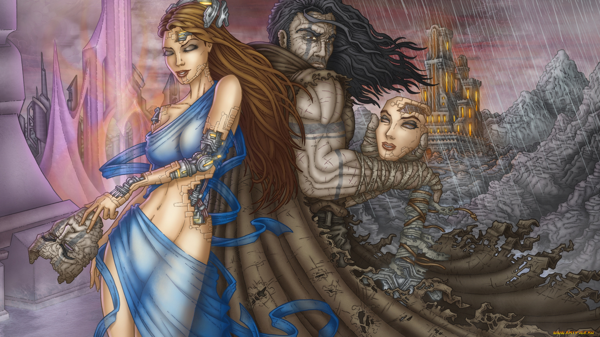 фэнтези, роботы, , киборги, , механизмы, киборг, девушка, город, воин, горы, маска