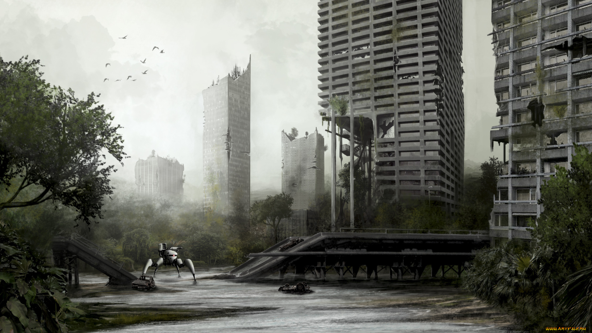 фэнтези, роботы, , киборги, , механизмы, робот, город, запустение, руины, иной, постапокалипсис, мир