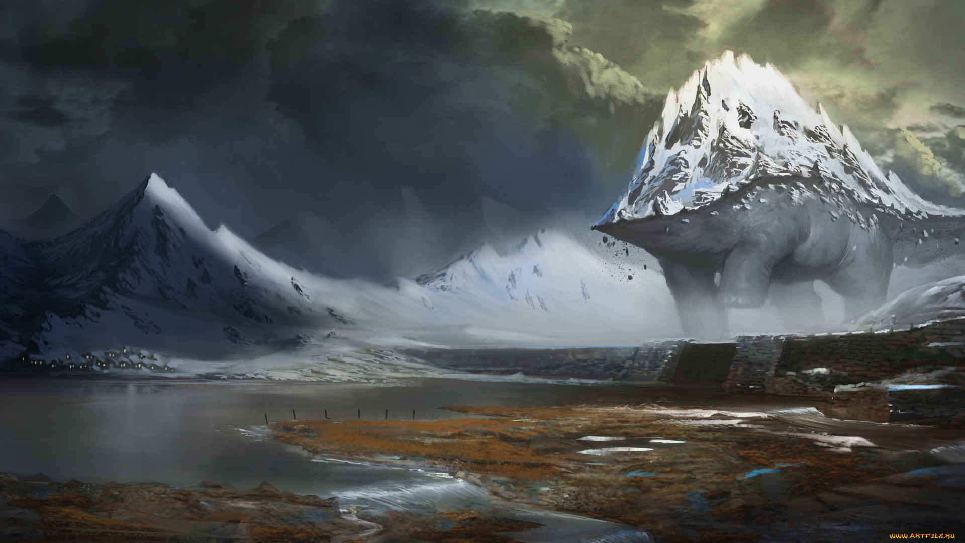 фэнтези, существа, озеро, селение, существо, монстр, гигантский, гора, мир, иной